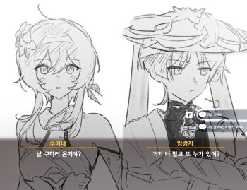 Rule 34 | 1boy, 1girl, ahoge, arm at side, armor, bare shoulders, blunt ends, blush, breasts, bridal gauntlets, cape, closed mouth, commentary request, covered collarbone, crossed arms, detached sleeves, dialogue box, dialogue options, dress, eyelashes, feather hair ornament, feathers, flower, furrowed brow, genshin impact, greyscale, hair flower, hair ornament, halterneck, hat, japanese armor, japanese clothes, jingasa, kimono, korean commentary, korean text, kote, looking at viewer, looking to the side, lumine (genshin impact), mandarin collar, medium breasts, monochrome, parted lips, puff of air, san bgb, scaramouche (genshin impact), scarf, short hair, short hair with long locks, short sleeves, shoulder peek, sidelocks, translation request, tsurime, wanderer (genshin impact), white background, wispy bangs