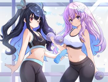 2girls absurdres black_hair breasts cleavage exercising gym hair_ribbon half-closed_eyes highres large_breasts long_hair looking_at_viewer medium_breasts midriff multiple_girls navel nepgear neptune_(series) one_eye_closed pants purple_eyes purple_hair red_eyes ribbon seductive_smile smile sports_bra sportswear twintails uni_(neptunia) weightlifting yoga_pants