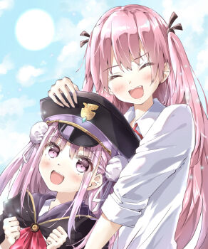 2girls :d ^_^ absurdres aikawa_megumi ayaro_(genkiloobaii) black_cape black_hat blue_sky blush bun_cover cape clenched_hands closed_eyes cloud collared_shirt commentary_request day double_bun eyelashes facing_viewer hair_bun happy hat headpat heaven_burns_red height_difference highres kunimi_tama long_hair long_sleeves multiple_girls neck_ribbon open_mouth outdoors peaked_cap pink_eyes pink_hair red_ribbon ribbon shirt sky sleeves_rolled_up smile teeth two_side_up upper_body upper_teeth_only upturned_eyes very_long_hair white_ribbon white_shirt