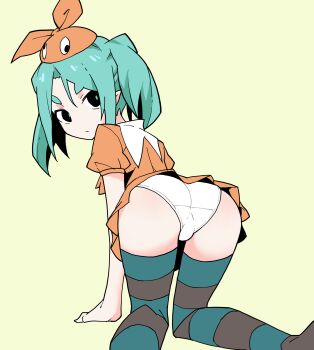 1girl akableak all_fours aqua_hair arm_support ass closed_mouth dress expressionless from_behind green_eyes hair_ornament highres hikimayu looking_at_viewer looking_back monogatari_(series) ononoki_yotsugi orange_dress panties parted_bangs pointy_ears puffy_short_sleeves puffy_sleeves rabbit_hair_ornament short_hair short_sleeves simple_background solo striped_clothes striped_thighhighs thighhighs trefoil twintails underwear white_panties yellow_background