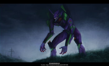 absurdres dawn eva_01 grass highres hill impasto mecha mecha_focus moonlight neon_genesis_evangelion night no_humans robot scenery shadow transmission_tower youotaku