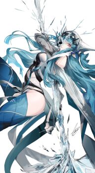 1girl ankoro_mochi arknights arknights:_endfield black_bodysuit blue_boots blue_gloves blue_hair blunt_ends bodysuit boots breasts covered_horns detached_sleeves gloves grey_hat half_mask hat highres holding holding_polearm holding_weapon horns ice last_rite_(arknights) long_hair looking_at_viewer mask medium_breasts multicolored_bodysuit orange_eyes parted_lips pointy_ears polearm simple_background solo thigh_boots thighs very_long_hair weapon white_background white_bodysuit