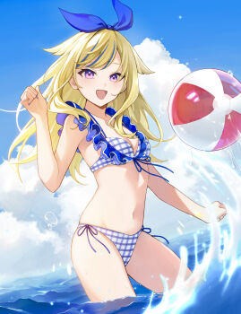 1girl :d absurdres akatsuki_(osamaru36) ball bare_arms beachball bikini blonde_hair blue_bikini blue_sky blue_streaks bow breasts cleavage cloud cloudy_sky collarbone cowboy_shot day frilled_bikini frills front-tie_bikini_top front-tie_top hair_bow hair_flaps hand_up highres himehina_channel long_hair looking_at_viewer medium_breasts multicolored_hair navel open_mouth outdoors pink_eyes plaid_bikini plaid_clothes sky smile solo standing streaked_hair suzuki_hina swept_bangs swimsuit virtual_youtuber wading water water_drop white_bikini