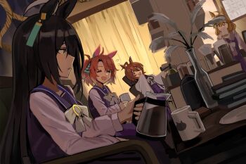 Rule 34 | 4girls, agnes tachyon (umamusume), ahoge, animal ears, black hair, book, book stack, bow, bowtie, breasts, brown hair, checkered ribbon, closed eyes, coffee, coffee mug, commentary, cup, dantsu flame (umamusume), ear covers, ear ribbon, ear tag, earrings, english commentary, flower, franz2543, hair between eyes, hair ornament, hairclip, horse ears, horse girl, jam (umamusume), jewelry, jungle pocket (umamusume), kettle, lab coat, long bangs, long hair, long hair between eyes, long sleeves, looking at another, manhattan cafe (umamusume), medium hair, mug, multicolored hair, multiple girls, notched ear, open mouth, pleated skirt, pouring, purple sailor collar, purple serafuku, purple shirt, purple skirt, red eyes, sailor collar, sailor shirt, school uniform, serafuku, shirt, single earring, sitting, skirt, sleeves past fingers, sleeves past wrists, smile, tracen school uniform, umamusume, umamusume: beginning of a new era, white bow, white bowtie, white hair, yellow eyes