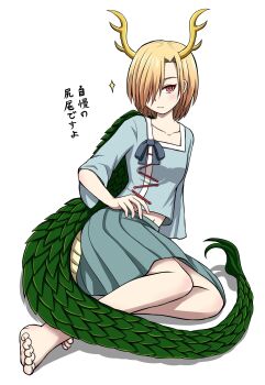 1girl antlers barefoot blonde_hair blue_shirt blush closed_mouth dragon_girl dragon_horns dragon_tail full_body fur-tipped_tail ginbuchi green_scales green_tail hair_between_eyes hair_over_one_eye highres horns kicchou_yachie looking_at_viewer monster_girl no_shoes one_eye_covered red_eyes scales shirt short_hair simple_background skirt soles solo square_neckline tail toes touhou turtle_shell white_background yellow_horns