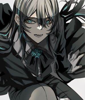 Rule 34 | 1girl, ado (utaite), black hair, black pants, blue hair, chando (ado), commentary, gloves, gunjyou (gunjyou 00), hair between eyes, highres, long hair, looking at viewer, lower teeth only, mole, mole under eye, multicolored hair, pants, shirt, simple background, solo, streaked hair, teeth, utaite, white gloves, white shirt