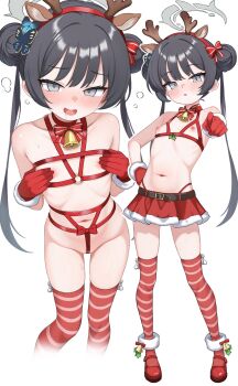 1girl animal_ears antlers bell black_hair blue_archive blush bound bow bowtie bra braid breasts bun_with_braided_base butterfly_hair_ornament choker cupless_bra deer_antlers deer_ears double_bun drooling fake_animal_ears fake_antlers full_body fur-trimmed_gloves fur-trimmed_skirt fur_trim gloves grey_eyes hair_bow hair_bun hair_ornament halo harness heavy_breathing highres horns kisaki_(blue_archive) loli looking_at_viewer mafunyo mary_janes miniskirt multiple_views navel neck_bell nipples o-ring o-ring_harness open_mouth petite red_bow red_choker red_gloves red_shoes red_skirt red_thighhighs ribbon ribbon_bondage ribs saliva shoes simple_background skirt small_breasts standing stomach striped_clothes striped_thighhighs sweat thigh_gap thighhighs twintails underwear white_background