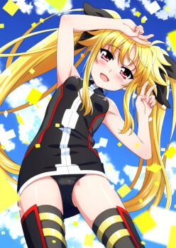 1girl :d arms_up black_jacket black_panties black_ribbon black_thighhighs blonde_hair blue_sky breasts commentary_request confetti double_v fate_testarossa hair_ribbon highres jacket long_hair looking_at_viewer lyrical_nanoha mahou_shoujo_lyrical_nanoha miyajima_hitoshi no_pants open_mouth panties red_eyes ribbon sky sleeveless sleeveless_jacket small_breasts smile solo textless_version thighhighs twintails underwear v very_long_hair