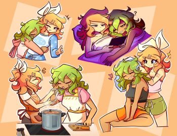 animal_hood apron blonde_hair carrot commentary cooking couple critinikaqwq cutting_board english_commentary green_hair gumi hair_ribbon handheld_game_console highres hood hug kagamine_rin nintendo_3ds pajamas playing_games rabbit_hood ribbon shorts sleepy tank_top vocaloid yuri