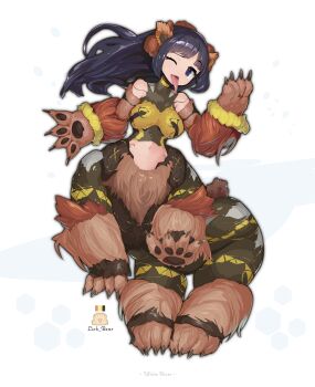 1girl absurdres animal_ears animal_hands bare_shoulders bear bear_ears bear_girl bear_paws bear_tail blue_eyes blunt_bangs breasts color_guide commentary_request english_text floating_hair fur_trim highres honeycomb_(pattern) logo long_hair long_sidelocks long_tongue looking_at_viewer medium_breasts monster_girl multiple_legs navel one_eye_closed open_mouth organic_bra original rearing saliva saliva_trail shitoi_(aqua1487) sidelocks simple_background solo tail taur tongue tongue_out white_background