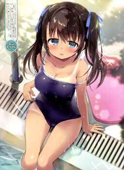 1girl absurdres aqua_eyes arm_support armpit_crease artist_name blue_ribbon blush breasts brown_hair cleavage collarbone dengeki_moeoh from_above groin hair_between_eyes hair_ribbon highres long_hair looking_at_viewer looking_up magazine_scan medium_breasts nagayama_yuunon nervous_smile new_school_swimsuit open_mouth original ribbon scan school_swimsuit sidelocks sitting smile soaking_feet solo sparkle strap_slip swimsuit tan tanline third-party_source translation_request twintails water wet
