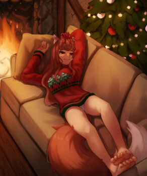 1girl animal_ear_fluff animal_ears arm_up bare_legs barefoot breasts brown_hair christmas_tree closed_mouth commission couch feet fire fireplace hair_ribbon highres holo indoors long_hair long_sleeves looking_at_viewer lying medium_breasts no_pants on_back on_couch panties red_eyes red_ribbon red_sweater ribbon seraziel smile soles solo spice_and_wolf sweater tail toenails toes tsurime underwear white_panties wolf_ears wolf_girl wolf_tail