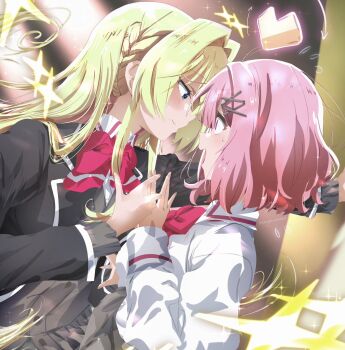2girls amaori_renako black_jacket blonde_hair blue_eyes blush bow bowtie braid closed_mouth collared_shirt commentary_request flying_sweatdrops heart highres jacket long_hair medium_hair multiple_girls open_mouth ouzuka_mai pink_hair purple_eyes red_bow red_bowtie sengoku_chidori shirt side_braid smile sparkle watashi_ga_koibito_ni_nareru_wake_naijan_murimuri! white_shirt yuri