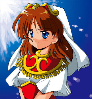 1girl bindi blue_background blue_eyes brown_hair closed_mouth kinu_(tengai_makyou) looking_away medium_hair retro_artstyle shirt simple_background solo tengai_makyou upper_body veil white_shirt white_veil yason