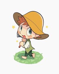 Rule 34 | 1boy, animal crossing, axe, barefoot, blush stickers, br&#039;er fox (disney), brown hair, brown hat, chibi, fang, full body, green pants, green vest, grey eyes, hat, highres, holding, holding axe, looking at viewer, male focus, nintendo, open mouth, pants, short hair, short sleeves, solo, song of the south, star (symbol), uochandayo, vest