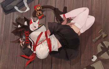 1girl 240mmap animal_ear_fluff animal_ears arms_behind_back ball_gag bdsm blindfold bondage bound breasts brown_hair character_request commentary_request copyright_request fake_animal_ears gag gag_harness gagged highres hogtie large_breasts loafers lying midriff_peek neckerchief on_side red_neckerchief restrained sailor_collar school_uniform serafuku shibari shibari_over_clothes shoes solo tail thighhighs white_thighhighs zettai_ryouiki