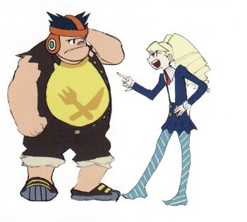 1boy 1girl black_hair blonde_hair blue_dress blue_pantyhose bud_bison_(mega_man) dress drill_hair from_side hand_on_own_hip long_hair luna_platz_(mega_man) mega_man_(series) mega_man_star_force_(series) official_art open_mouth pantyhose simple_background striped_clothes striped_pantyhose third-party_source twin_drills very_long_hair white_background