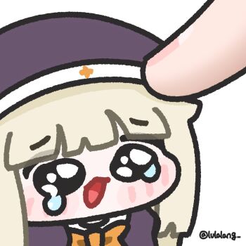1girl black_dress black_eyes black_veil blonde_hair blunt_bangs bow chibi chibi_only commentary_request dress highres korean_commentary long_hair looking_at_viewer lulalang meme nun open_mouth orange_bow simple_background solo_focus speaki_(trickcal) speakiposting_(meme) tearing_up trickcal twitter_username veil white_background