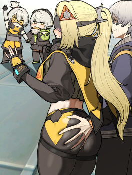 1boy 3girls absurdres anby_demara ass blindfold_mask blonde_hair blush burger chibi chroong closed_mouth covered_eyes deep_skin eating eye_mask fingerless_gloves food food_in_mouth gloves goggles grabbing_another&#039;s_ass grey_hair groping hair_ornament hetero high_ponytail highres holding holding_burger holding_food jacket long_hair long_sleeves mask midriff multiple_girls one_side_up pants partially_shaded_face ponytail skirt smile soldier_11_(zenless_zone_zero) standing stealth_ass_grab tight_clothes tight_pants trigger_(zenless_zone_zero) very_long_hair wise_(zenless_zone_zero) zenless_zone_zero