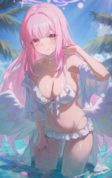 1girl absurdres angel_wings artist_name bare_shoulders beach bikini blue_archive blue_sky blurry blush breasts chinese_commentary cleavage closed_mouth cloud collarbone commentary_request crescent day depth_of_field frilled_bikini frills front-tie_bikini_top front-tie_top halo hand_in_own_hair hand_on_own_thigh hand_up highres long_hair looking_at_viewer low_wings medium_breasts mika_(blue_archive) mika_(swimsuit)_(blue_archive) multi-strapped_bikini_bottom navel ocean official_alternate_costume outdoors palm_tree petals petals_on_liquid pink_hair pink_halo see-through_clothes shali short_sleeves sidelocks signature sky smile solo standing star_(symbol) stomach sunlight swimsuit swimsuit_cover-up thighs tree very_long_hair wading water wet white_bikini wing_ornament wings yellow_eyes