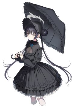 1girl absurdres alternate_costume black_bonnet black_dress black_hair black_umbrella blue_archive blush bonnet breasts cleavage commentary_request dress grey_eyes grey_halo hair_between_eyes halo hidis0086 highres kisaki_(blue_archive) lolita_fashion long_hair long_sleeves looking_at_viewer medium_breasts pantyhose revision simple_background solo twintails umbrella very_long_hair white_background white_pantyhose