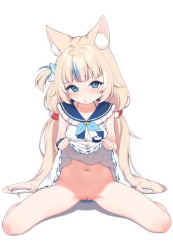 1girl absurdres animal_ears blonde_hair blue_eyes blush cat_ears clothes_lift dress dress_lift fins fish_tail highres indie_virtual_youtuber legs lifting_own_clothes loli long_hair long_twintails looking_at_viewer lucasyecla99 navel pussy sameko_saba sitting solo stomach tail thighs twintails virtual_youtuber white_background