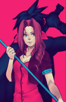 1boy 1girl aerith_gainsborough back-to-back braid braided_ponytail breasts buster_sword buttons cleavage closed_mouth cloud_strife cropped_jacket dress fighting_stance final_fantasy final_fantasy_vii gloves green_eyes hair_over_shoulder hair_ribbon holding holding_staff hollyfig jacket light_smile long_hair medium_breasts muscular muscular_male parted_bangs pink_background pink_dress pink_ribbon red_jacket ribbon short_hair short_sleeves sidelocks single_bare_shoulder single_braid spiked_hair staff sword sword_on_back upper_body weapon weapon_on_back