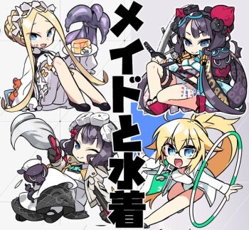4girls abigail_williams_(fate) abigail_williams_(festival_outfit)_(fate) alternate_costume apron bag bare_shoulders beads belt bikini black_dress black_skirt blonde_hair bloomers blue_eyes bracelet braid breasts calligraphy_brush chibi cleavage collarbone dress dual_persona enmaided fate/grand_order fate_(series) floral_print food forehead giant_brush gloves goggles goggles_on_head grey_jacket hair_bun hair_ornament hairpin high_ponytail highleg highleg_one-piece_swimsuit hood hooded_jacket hoop hula_hoop jacket jeanne_d&#039;arc_(fate) jeanne_d&#039;arc_(swimsuit_archer)_(second_ascension)_(fate) jewelry katana katsushika_hokusai_(fate) katsushika_hokusai_(festival_outfit)_(fate) katsushika_hokusai_(swimsuit_saber)_(fate) large_breasts layered_skirt long_hair long_sleeves looking_at_viewer maid maid_headdress multiple_girls negi_(ulog&#039;be) obi octopus one-piece_swimsuit one_eye_closed open_clothes open_jacket open_mouth paintbrush pancake parted_bangs plate ponytail purple_hair sash short_hair shoulder_bag sidelocks skirt sleeves_past_fingers sleeves_past_wrists small_breasts smile stuffed_animal stuffed_toy swimsuit sword teddy_bear tentacles thigh_strap toto-sama_(fate) translation_request underwear very_long_hair weapon white_apron white_bikini white_bloomers white_dress white_jacket white_one-piece_swimsuit