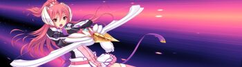 1girl :o armor arrow_(projectile) bow_(weapon) dress en_ciel_rena en_ciel_rena_(sin) floating_hair game_cg gloves headgear holding holding_weapon kourin_tenshi_en_ciel_rena large_variant_set long_hair non-web_source official_art open_mouth pink_eyes pink_hair ponytail red_eyes red_hair saitou_natsuki skirt solo suhamaya thighhighs tomoe_rena v-shaped_eyebrows variant_set weapon white_gloves zettai_ryouiki