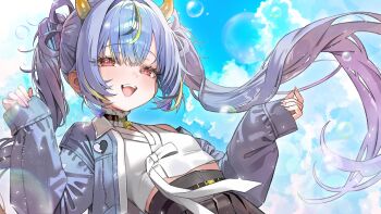 1girl absurdres bad_id bad_twitter_id bell black_skirt blue_hair blue_jacket blush bubble choker cloud cloudy_sky commission crossed_bangs earrings frilled_choker frills gradient_hair haeru_(vrecord) hair_intakes hibi2scus highres horns jacket jewelry long_hair looking_at_viewer midriff_peek multicolored_hair neck_bell pleated_skirt purple_hair red_eyes shirt skirt sky sleeves_past_wrists solo streaked_hair tassel tassel_earrings twintails virtual_youtuber vrecord white_shirt