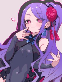 1girl bare_shoulders black_dress blush breasts detached_sleeves dress earrings fate/grand_order fate_(series) flower forehead hair_ornament hair_scrunchie highres jewelry long_hair looking_at_viewer niwaikanai parted_bangs purple_eyes purple_hair scrunchie side_slit sidelocks small_breasts smile solo tassel tassel_earrings very_long_hair wu_zetian_(celebratory_attire)_(fate) wu_zetian_(fate)