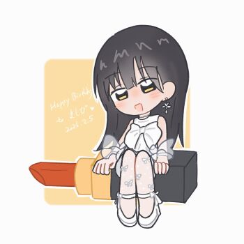 Rule 34 | 1girl, :d, arms at sides, bare shoulders, black hair, blush, bow, character name, chibi, choker, commentary, cosmetics, dated, detached sleeves, dress, dress bow, earrings, flower earrings, full body, grey background, happy birthday, heart, high heels, highres, hitaka mashiro, jewelry, kasa (kasa mayulove), lipstick tube, long hair, looking at viewer, open mouth, orange background, oversized object, pantyhose, real life, rounded corners, see-through clothes, see-through sleeves, shoes, short sleeves, sitting, sleeveless, sleeveless dress, smile, solo, strappy heels, symbol-only commentary, translated, two-tone background, voice actor, white bow, white choker, white dress, white pantyhose, white shoes, yellow eyes