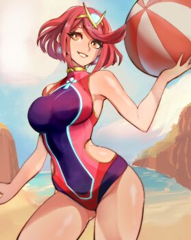 1girl arched_back ball bare_shoulders beach beachball blysill brown_eyes clothing_cutout commentary core_crystal_(xenoblade) cowboy_shot earrings english_commentary gluteal_fold gold_trim hand_up highres holding impossible_clothes impossible_swimsuit jewelry medium_hair official_alternate_costume one-piece_swimsuit outdoors parted_lips pyra_(pro_swimmer)_(xenoblade) pyra_(xenoblade) red_hair side_cutout sketch_background solo swept_bangs swimsuit thighs tiara xenoblade_chronicles_(series) xenoblade_chronicles_2