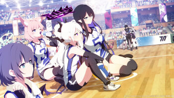 1boy 6+girls absurdres ahoge alternate_hairstyle animal_ear_fluff animal_ears black_buruma black_hair black_halo black_shorts black_thighhighs blue_archive blue_eyes blue_halo blunt_bangs blurry bottle braid braided_bun buruma colored_inner_hair commentary_request crossed_arms demon_girl demon_horns demon_wings depth_of_field drinking fox_ears fox_girl gehenna_academy_logo general_student_council_logo glasses green_halo grey_hair hair_between_eyes hair_bun halo height_difference highres hina_(blue_archive) horns indian_style indoors jersey kaya_(blue_archive) knee_pads long_hair long_sleeves looking_afar looking_at_another makoto_(blue_archive) multicolored_hair multicolored_halo multiple_girls niko_(blue_archive) parted_bangs pink_hair plastic_bottle pointy_ears ponytail purple_eyes referee rin_(blue_archive) saki_(blue_archive) school_gym sensei_(blue_archive) shirt short_shorts shorts sidelocks sitting sleeveless sleeveless_shirt sportswear sweat thighhighs thinking towel towel_around_neck treeplanting two-tone_hair two-tone_halo volleyball_uniform wariza water_bottle wavy_hair white_hair white_shirt wings wiping_sweat wooden_floor