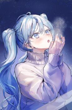 1girl absurdres alternate_costume aqua_eyes aqua_hair aqua_nails blush commentary_request fingernails grey_sweater hair_between_eyes hands_up hatsune_miku highres long_hair long_sleeves looking_up nail_polish open_mouth pipi_(pipinavigation) solo sweater turtleneck turtleneck_sweater twintails upper_body very_long_hair vocaloid zipper