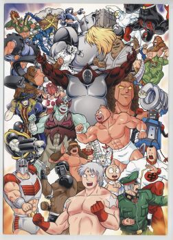 Rule 34 | 6+boys, abs, akuma shogun, alexandria meat, android, arm up, armor, artist request, atlantis (kinnikuman), attack, biceps, black hole (kinnikuman), buffaloman, canadiaman, cape, castle, claws, clenched hand, clenched hands, crushman (kinnikuman), dalmatiman, death (entity), dougi, epic, evil smile, face-to-face, faceless, fighting stance, fish boy, geronimo (kinnikuman), grim reaper, grin, headphones, highres, holding, holding weapon, jak chi, jumping, kinniku mayumi, kinniku suguru, kinnikuman, kinnikuman (character), large pectorals, looking afar, looking at another, looking at viewer, manly, marlinman, marvellous (kinnikuman), mask, max radial (kinnikuman), mister khamen, monster boy, multiple boys, muscular, nemesis (kinnikuman), no eyes, no mouth, pectorals, peek-a-boo (kinnikuman), pentagon (character), photo (medium), polarman, red cape, robin mask, shaded face, sharp teeth, simple background, smile, specialman, springman (kinnikuman), stecase king, strong the budo, tag team, teamwork, teeth, terryman, the mountain (kinnikuman), turboman (kinnikuman), warsman, weapon, wrestling, wrestling outfit