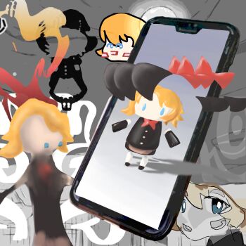 1girl 3d apron black_gloves black_skirt black_vest blonde_hair blue_eyes bow bright_pupils brown_apron buttons cellphone commentary_request cookie_(touhou) copyright_request extra_mouth gloves grey_background hat hat_bow highres hito_mania_(utau) igaku_(utau) kirisame_marisa looking_at_viewer meguru_(cookie) open_mouth phone red_bow short_hair skirt skirt_set smartphone touhou upper_body vest waist_apron white_pupils whiterolo