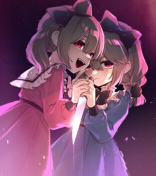 2girls bow commentary_request dress expressionless goshi-san grey_hair hair_bow highres holding holding_hands holding_knife knife looking_at_viewer medium_hair multiple_girls original red_eyes siblings sisters smile twins twintails