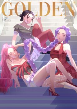 2025 3girls absurdres bare_shoulders black_hair blunt_bangs body_markings braid breasts brown_eyes cleavage cover double_bun dress earrings facial_mark foot_out_of_frame full_body grey_shirt hair_bun hair_over_shoulder half_updo hand_in_own_hair high_heels highres hoop_earrings ikachyu jewelry june kpop_demon_hunters long_hair looking_at_viewer magazine_cover medium_breasts mira_(kpop_demon_hunters) multiple_girls neck_ribbon pants parted_bangs parted_lips pink_hair ponytail purple_hair red_dress red_pants red_ribbon red_shoes ribbon rumi_(kpop_demon_hunters) shirt shoes short_bangs short_hair sidelocks single_braid sitting sitting_on_stairs skirt stairs very_long_hair white_skirt zoey_(kpop_demon_hunters)