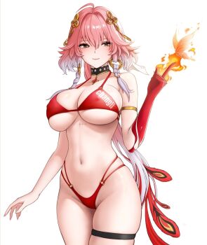 1girl ahoge alternate_costume armlet bare_shoulders bikini black_collar blush braid breasts bug butterfly changli_(wuthering_waves) character_name closed_mouth collar colored_extremities commentary commentary_request corrupted_file covered_erect_nipples detached_collar english_commentary fingernails fire gradient_hair hair_extensions highres insect jewelry korean_commentary large_breasts linea_alba long_hair looking_to_the_side mixed-language_commentary multi-strapped_bikini_bottom multicolored_hair navel o-ring o-ring_bikini papatouch partial_commentary pink_hair pyrokinesis red_bikini red_hair red_hands ring_hair_extensions simple_background skindentation smile solo stomach swimsuit tacet_mark_(wuthering_waves) thigh_strap thighs two-tone_hair very_long_hair white_background white_hair wuthering_waves yellow_eyes