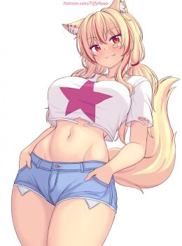 1girl :3 animal_ears bandaid bandaid_on_cheek bandaid_on_face blonde_hair blue_shorts blush breasts cat_ears cat_girl cat_tail collarbone denim denim_shorts ear_piercing fang hands_in_pockets large_breasts long_hair looking_at_viewer low_twintails midriff multicolored_hair navel nottytiffy original piercing print_shirt red_eyes red_hair shirt short_shorts short_sleeves shorts slit_pupils smile standing star_(symbol) star_print streaked_hair tail tiffy_(nottytiffy) torn_clothes torn_shirt twintails white_background white_shirt