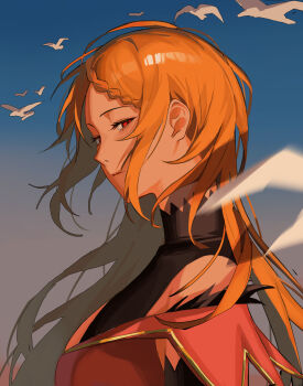 1girl absurdres bare_shoulders bird blue_sky braid braided_bangs breasts chii0m choker commentary dress english_commentary feather_trim hair_down highres lace-trimmed_choker lace_trim large_breasts long_hair looking_at_viewer orange_hair priscilla_barielle re:zero_kara_hajimeru_isekai_seikatsu red_dress red_eyes sideboob sky solo sunset upper_body