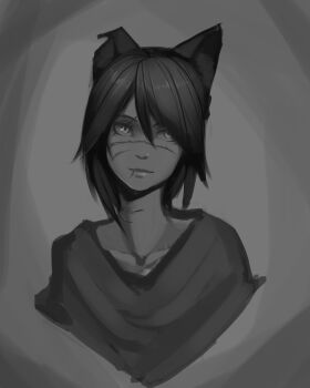 1girl 2015 absurdres animal_ears asymmetrical_ears bobanon cat_ears cat_girl cheshire_cat_(monster_girl_encyclopedia) collarbone facial_scar highres laska laska_(less) laska_and_me less lips missing_ear monochrome monster_girl monster_girl_encyclopedia monster_girl_encyclopedia_ii multiple_scars scar scar_across_eye scar_on_cheek scar_on_face scar_on_forehead scar_on_mouth scar_on_nose upper_body