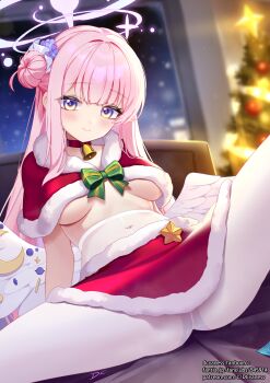 1girl absurdres artist_name bed_sheet bell blue_archive blush breasts capelet christmas christmas_tree closed_mouth collar commentary_request covered_navel crescent crotch_seam dc_(doughertyevans) feathered_wings flower fur-trimmed_capelet fur-trimmed_skirt fur_trim hair_bun hair_flower hair_ornament halo high-waist_pantyhose highres indoors long_hair looking_at_viewer lying medium_breasts mika_(blue_archive) neck_bell on_back on_bed panties panties_under_pantyhose pantyhose pink_hair purple_flower red_capelet red_skirt signature single_hair_bun single_side_bun skirt smile solo spread_legs star_(symbol) underboob underwear very_long_hair white_panties white_pantyhose white_wings window wings