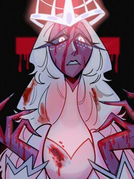 1girl angel blood blood_in_hair blood_on_clothes blood_on_face blood_splatter dark-skinned_female dark_skin dress halo hazbin_hotel hellaverse hellbone9000 highres long_eyelashes long_hair sera_(hazbin_hotel) solo white_dress white_hair