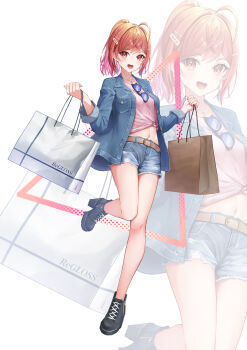 1girl :d absurdres bag belt black_shoes brown_belt commentary_request cutoffs denim denim_jacket denim_shorts eyewear_hang full_body hair_ornament hairclip hands_up highres holding holding_bag hololive ichijou_ririka jacket leg_up looking_at_viewer medium_hair midriff multicolored_hair navel open_clothes open_jacket open_mouth orange_eyes orange_hair paper_bag pink_shirt ponytail same1029 shirt shoes short_shorts shorts smile sneakers solo sunglasses tied_shirt torn_clothes torn_shorts unbuttoned unworn_eyewear virtual_youtuber white_background zoom_layer