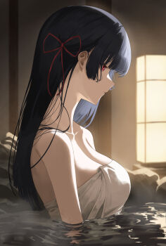 1girl absurdres black_hair breasts chisa_(wuthering_waves) cleavage closed_mouth collarbone commentary from_side hair_ribbon highres large_breasts long_hair naked_towel nanashi1329 partially_submerged red_eyes red_ribbon ribbon solo towel wuthering_waves