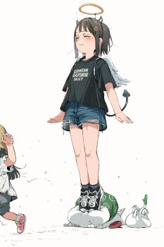 1boy 2girls ano_ko_wa_toshi_densetsu artist_self-insert bag beret black_shirt blue_shorts blush closed_eyes closed_mouth clothes_writing commentary_request denim denim_shorts english_text fake_halo fake_horns fake_wings feathered_wings flower gomennasai hair_flower hair_ornament hairclip halo hat highres horns mini_wings multiple_girls plastic_bag red_hat shirt short_shorts short_sleeves shorts simple_background smile spring_onion torn_clothes torn_shorts unworn_hat unworn_headwear white_background white_wings wings yellow_flower zangyaku-san