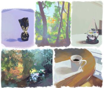 candy coffee_mug collage cup food galileo_thermometer highres kaigen_1025 mug no_humans original outdoors scenery still_life table traditional_media tree wrapped_candy