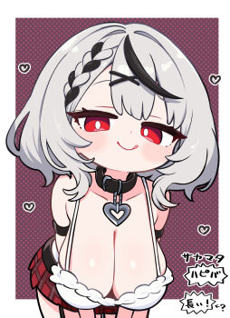 1girl :q black_collar black_streaks blush border breasts cleavage collar commentary_request cowboy_shot grey_hair half-closed_eyes hanging_breasts heart_collar highres hololive kani_bonara large_breasts leaning_forward looking_at_viewer multicolored_hair plaid_clothes plaid_skirt polka_dot polka_dot_background purple_background red_eyes red_skirt sakamata_chloe sakamata_chloe_(1st_costume) skirt solo spaghetti_strap streaked_hair tongue tongue_out translated virtual_youtuber white_border
